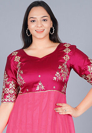 Embroidered Georgette Abaya Style Suit in Magenta and Coral Pink
