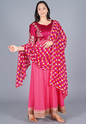 Embroidered Georgette Abaya Style Suit in Magenta and Coral Pink