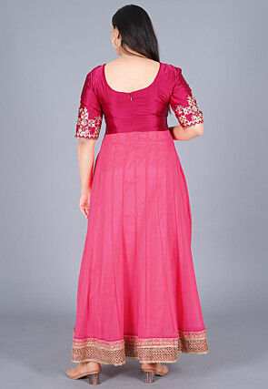 Embroidered Georgette Abaya Style Suit in Magenta and Coral Pink