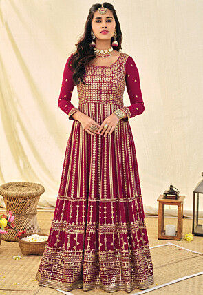 Embroidered Georgette Abaya Style Suit in Magenta