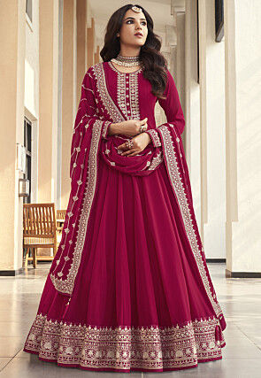 Embroidered Georgette Abaya Style Suit in Magenta