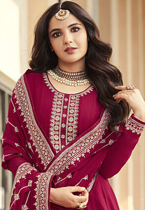 Embroidered Georgette Abaya Style Suit in Magenta