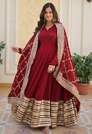 Embroidered Georgette Abaya Style Suit in Maroon