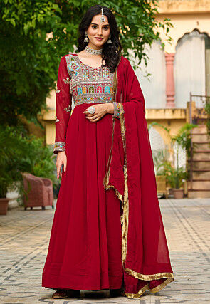 Embroidered Georgette Abaya Style Suit in Maroon