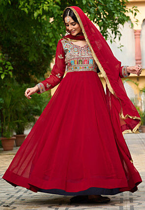 Embroidered Georgette Abaya Style Suit in Maroon