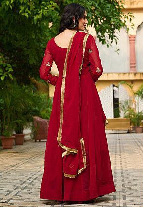 Embroidered Georgette Abaya Style Suit in Maroon