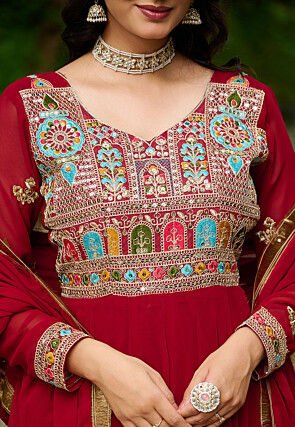 Embroidered Georgette Abaya Style Suit in Maroon