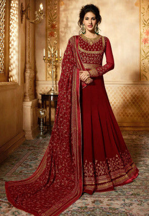 Embroidered Georgette Abaya Style Suit in Maroon