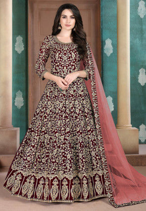 Embroidered Georgette Abaya Style Suit in Maroon