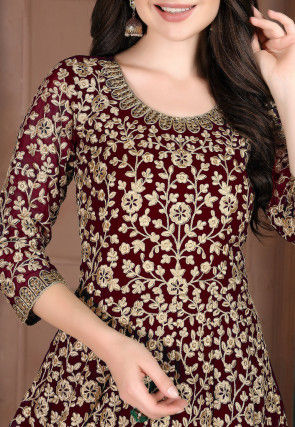 Embroidered Georgette Abaya Style Suit in Maroon