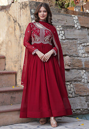 Embroidered Georgette Abaya Style Suit in Maroon