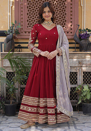 Embroidered Georgette Abaya Style Suit in Maroon
