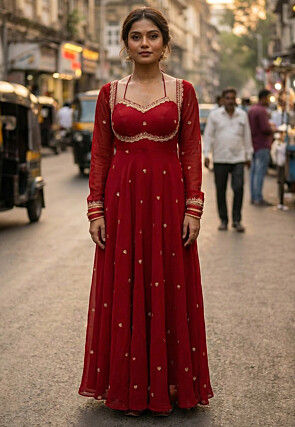 Embroidered Georgette Abaya Style Suit in Maroon