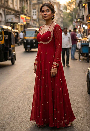 Embroidered Georgette Abaya Style Suit in Maroon