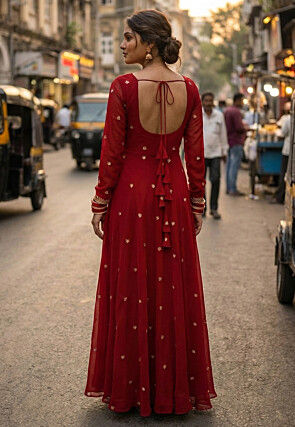 Embroidered Georgette Abaya Style Suit in Maroon
