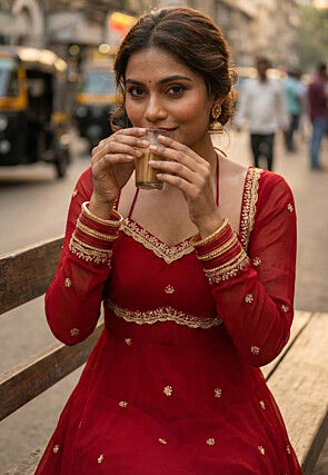 Embroidered Georgette Abaya Style Suit in Maroon