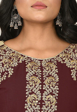 Embroidered Georgette Abaya Style Suit in Maroon