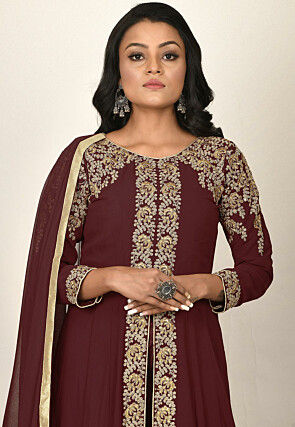 Embroidered Georgette Abaya Style Suit in Maroon