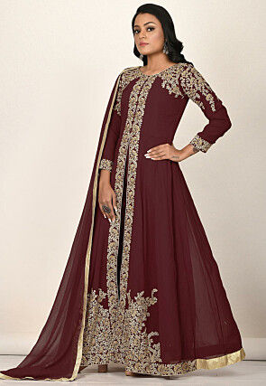 Embroidered Georgette Abaya Style Suit in Maroon