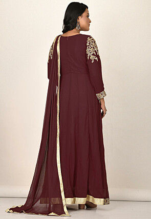 Embroidered Georgette Abaya Style Suit in Maroon