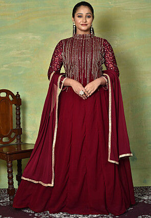 Embroidered Georgette Abaya Style Suit in Maroon