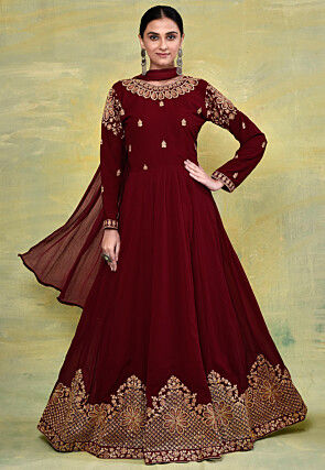 Embroidered Georgette Abaya Style Suit in Maroon