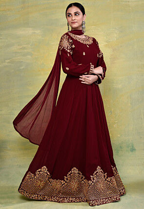 Embroidered Georgette Abaya Style Suit in Maroon