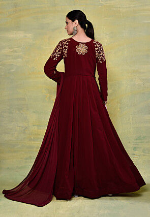 Embroidered Georgette Abaya Style Suit in Maroon