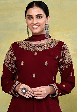 Embroidered Georgette Abaya Style Suit in Maroon