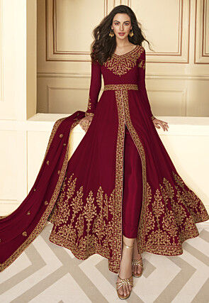 Embroidered Georgette Abaya Style Suit in Maroon