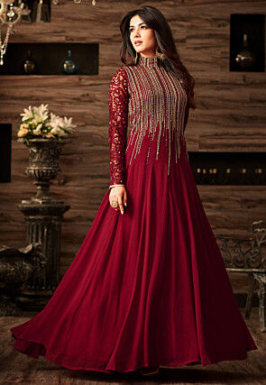 Embroidered Georgette Abaya Style Suit in Maroon