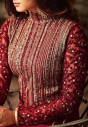 Embroidered Georgette Abaya Style Suit in Maroon