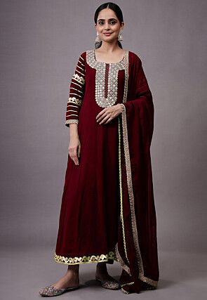 Embroidered Georgette Abaya Style Suit in Maroon