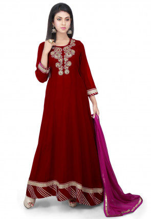 Embroidered Georgette Abaya Style Suit in Maroon
