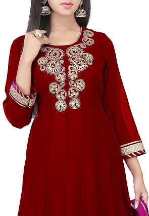 Embroidered Georgette Abaya Style Suit in Maroon