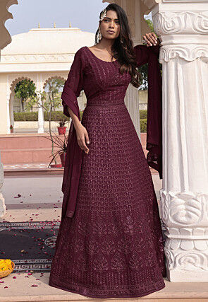 Embroidered Georgette Abaya Style Suit in Wine