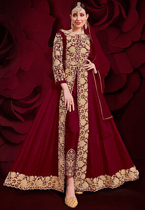 Embroidered Georgette Abaya Style Suit in Maroon