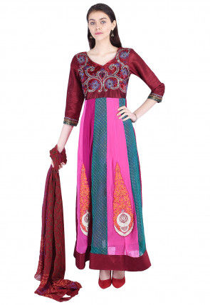 Embroidered Georgette Abaya Style Suit in Multicolor