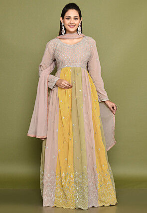 Embroidered Georgette Abaya Style Suit in Multicolor