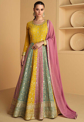 Embroidered Georgette Abaya Style Suit in Mustard and Multicolor