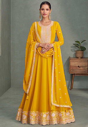 Embroidered Georgette Abaya Style Suit in Mustard