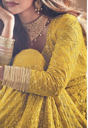 Embroidered Georgette Abaya Style Suit in Mustard