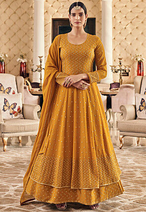 Embroidered Georgette Abaya Style Suit in Mustard