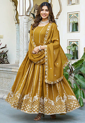 Embroidered Georgette Abaya Style Suit in Mustard