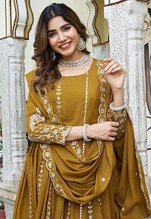Embroidered Georgette Abaya Style Suit in Mustard