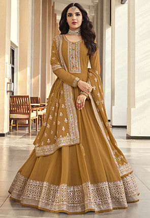 Embroidered Georgette Abaya Style Suit in Mustard