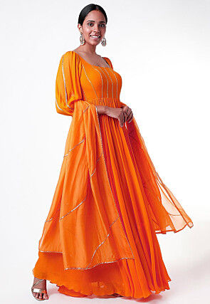 Embroidered Georgette Abaya Style Suit in Orange