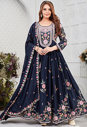 Embroidered Georgette Abaya Style Suit in Navy Blue