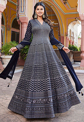 Embroidered Georgette Abaya Style Suit in Navy Blue