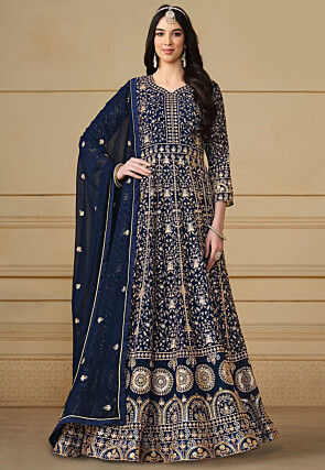 Embroidered Georgette Abaya Style Suit in Navy Blue
